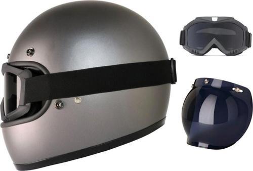 Motosiklet Retro Kask Harley Cafe Racer Vespa Modüler Ve Anti Uv Gözlüklü Motor Kaskı Gray
