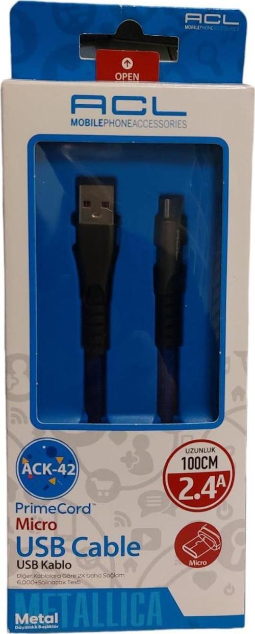 ACK-42 100 CM 2.4A METAL BAŞLIKLI MICRO USB ŞARJ VE VERİ KABLOSU LACİVERT