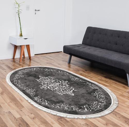 Alanur Trend Kaymaz Dod Tabanlı Saçaklı Dijital Halı Oval