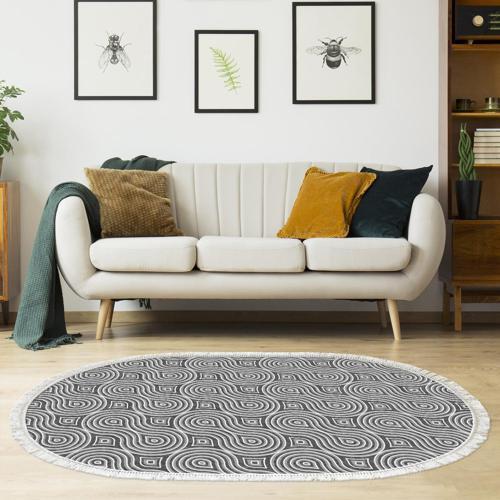 Alanur Trend Kaymaz Dod Tabanlı Saçaklı Dijital Halı Oval