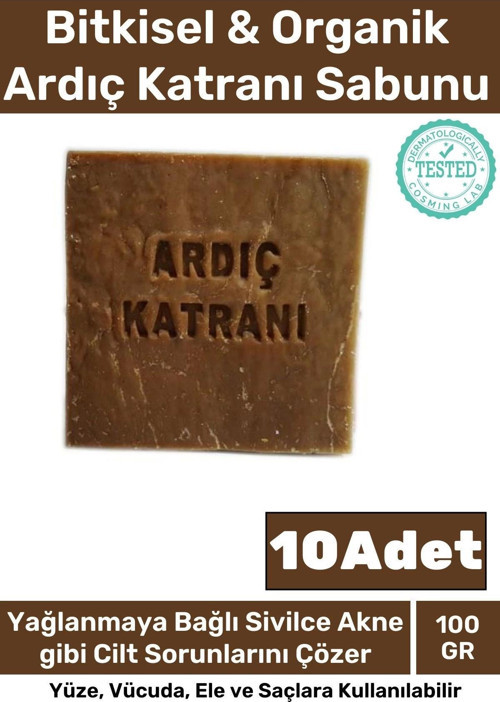 %100 Doğal Bitkisel El Yüz Vücut Saç Cilt Orijinal Vegan 10'lu Ardıç Katranı Sabunu