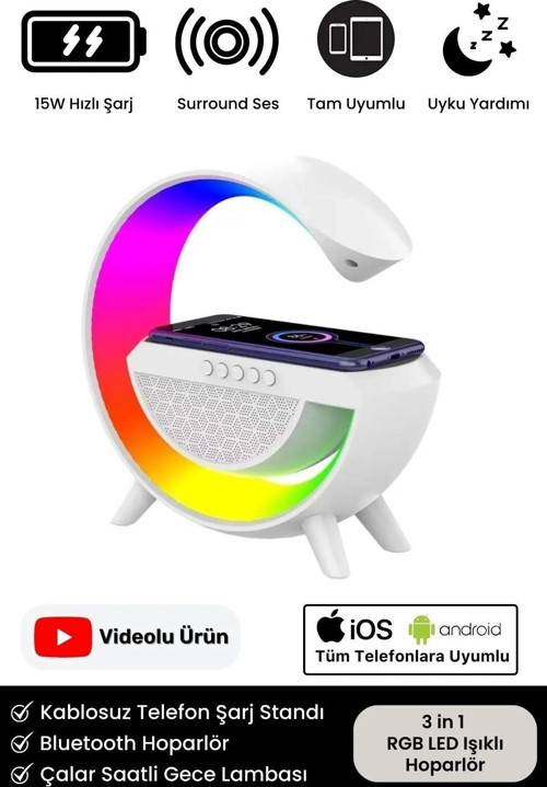 Kablosuz Şarj Led Işıklı Bluetooth Hoparlör Radyolu Müzik Çalar Saatli Telefon Standı 3in1 Speaker
