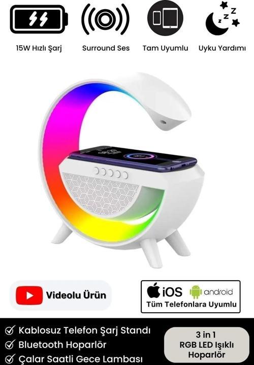 Kablosuz Şarj Led Işıklı Bluetooth Hoparlör Radyolu Müzik Çalar Saatli Telefon Standı 3in1 Speaker