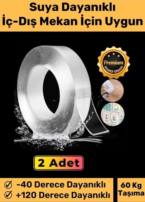 Deluxe Ultra Süper Güçlü Yüksek Mukavemetli Nano Teknolojili Çift Taraflı Şeffaf 3 mt Bant 2 Adet