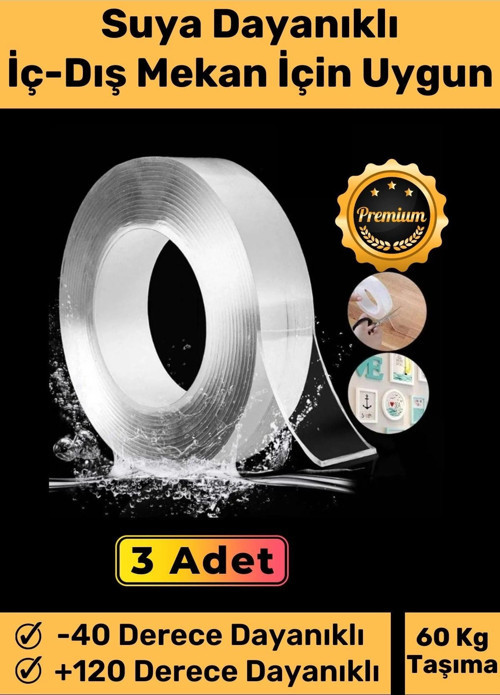 Deluxe Ultra Süper Güçlü Yüksek Mukavemetli Nano Teknolojili Çift Taraflı Şeffaf 3 mt Bant 3 Adet