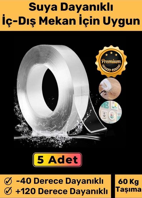 Deluxe Ultra Süper Güçlü Yüksek Mukavemetli Nano Teknolojili Çift Taraflı Şeffaf 3 mt Bant 5 Adet