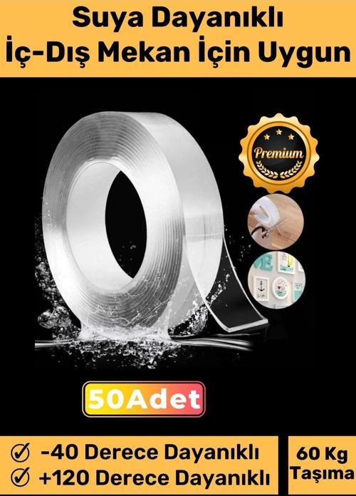 Deluxe Ultra Süper Güçlü Yüksek Mukavemetli Nano Teknolojili Çift Taraflı Şeffaf 3 mt Bant 50 Adet