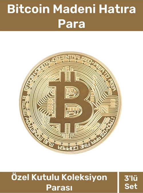 Özel Kutulu Hediyelik Kripto Hatıra Koleksiyon Bitcoin Madeni Para Altın Rengi 3'lü Set
