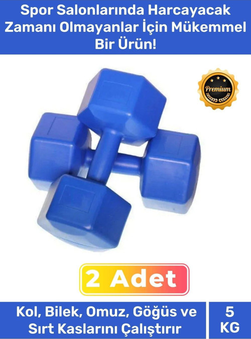 Özel Plastik Köşeli Spor Egzersiz Vücut Kas Geliştirme Fitness Ağırlık Mavi 5 Kg Dambıl Set - 2 Adet