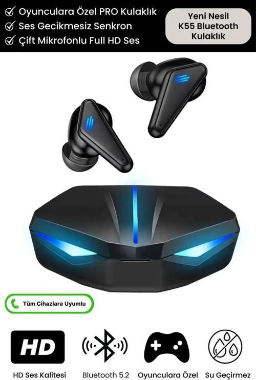 Özel RGB Işıklı K55 Tws Pro Extra Bass Mikrofonlu 3D Stereo Ses Bluetooth Kablosuz Oyuncu Kulaklık