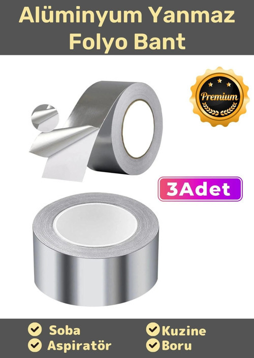 Özel Suya Sıcaklığa Dayanıklı Tamir Soba Boru Yama Alüminyum Yanmaz Folyo Bant 44mm 10mt - 3 Adet