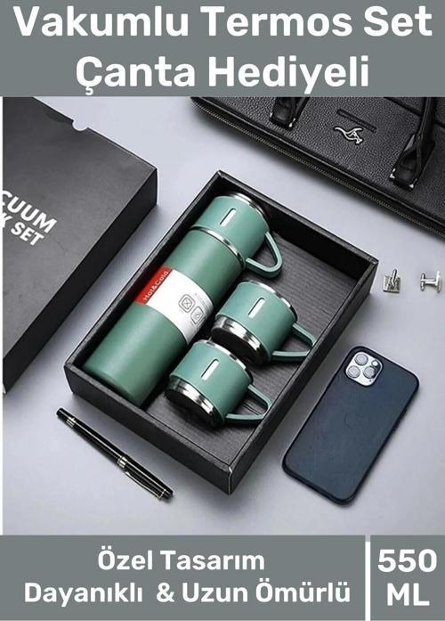 Özel Üretim Paslanmaz Çelik 3 Bardaklı Soğuk Sıcak Termos Vakumlu Termos Set Çanta Hediyeli 550 Ml
