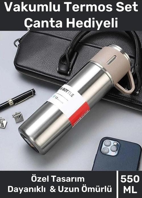 Özel Üretim Paslanmaz Çelik 3 Bardaklı Soğuk Sıcak Termos Vakumlu Termos Set Çanta Hediyeli 550 Ml