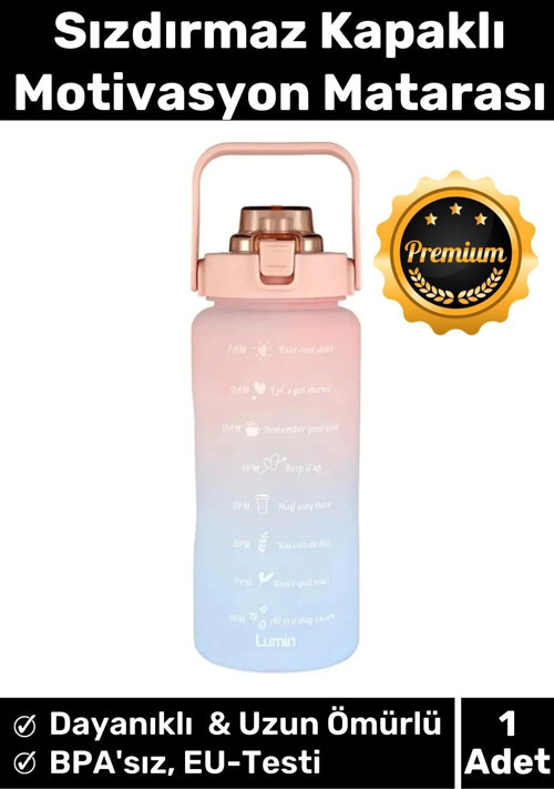 Premium Çift Renk Ölçü Baskılı Sızdırmaz Akmaz Motivasyon Matara Suluk Sağlıklı Plastik 2 Lt Su Şişe