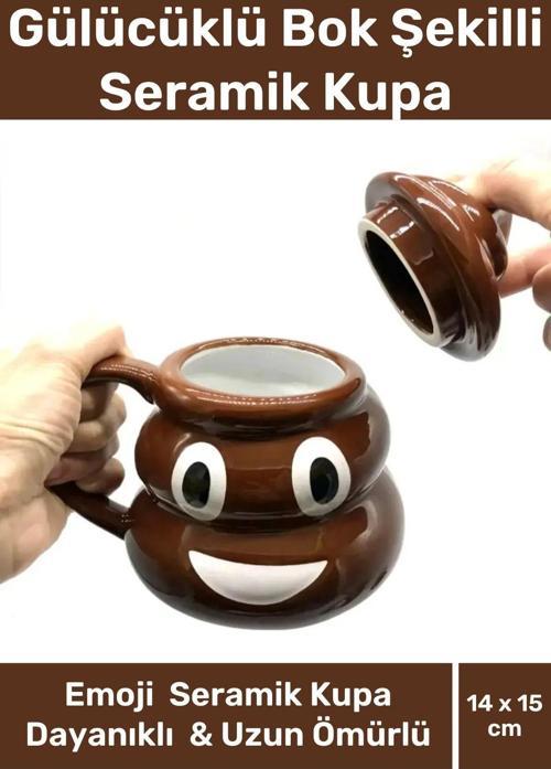 Premium Özel Tasarım Hediye Kutulu Gülücüklü Bok Şekilli Seramik Kupa 14 x 15 cm Emoji Bardak
