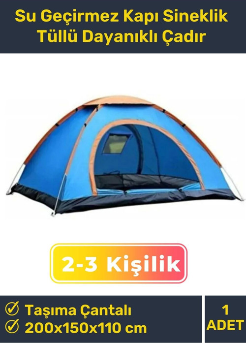 Premium Su Geçirmez Kapı Sineklik Tüllü Dayanıklı Kumaş Pratik Kolay Kurulum 2-3 Kişilik Kamp Çadırı