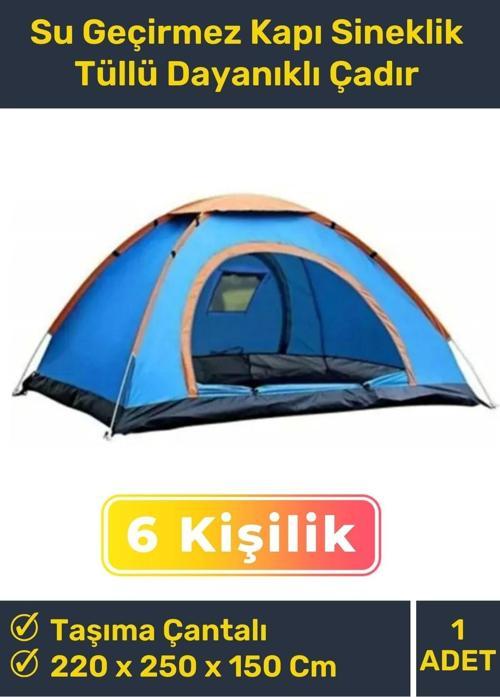 Premium Su Geçirmez Kapı Sineklik Tüllü Dayanıklı Kumaş Pratik Kolay Kurulum 6 Kişilik Kamp Çadırı