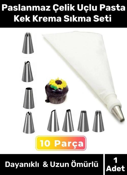 Premium Seri Paslanmaz Çelik Uçlu Pasta Kek Süsleme Torbası Krema Sıkma Seti 10 Parça