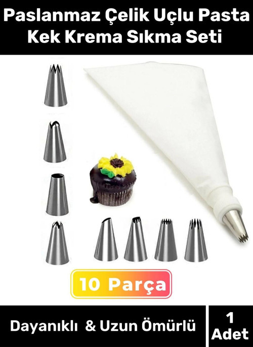 Premium Seri Paslanmaz Çelik Uçlu Pasta Kek Süsleme Torbası Krema Sıkma Seti 10 Parça