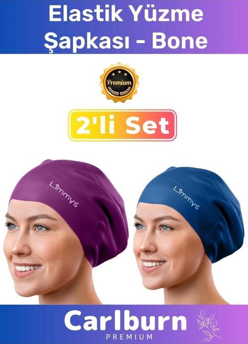 Premium Su Geçirmez Sızdırmaz Renkli Silikon Yüzücü Havuz Deniz Bone Elastik Yüzme Şapkası 2'li Set
