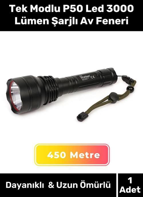 Profesyonel 450 Metre Menzilli Mat Beyaz Işıklı Tek Modlu P50 Led 3000 Lümen Şarjlı Av Feneri