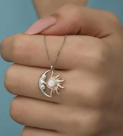 925 Ayar Gümüş Opal Beyaz Taşlı Ay Güneş Kadın Kolye