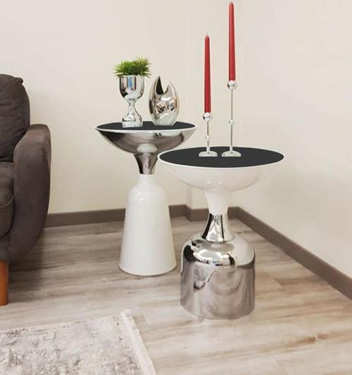 Olympos Dekoratif Beyaz Model Krom Sehpa 50 ve 55 cm