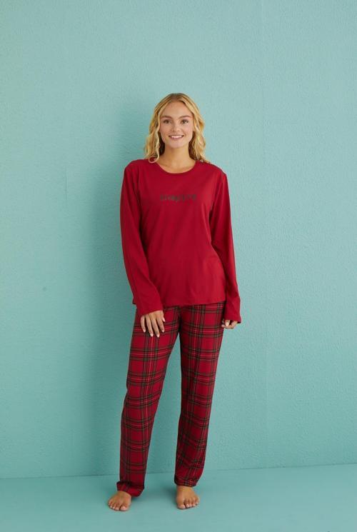 50902-47 Kadın İnspire Milan Kumaş Uzun Kol Ekoseli Pijama Takım