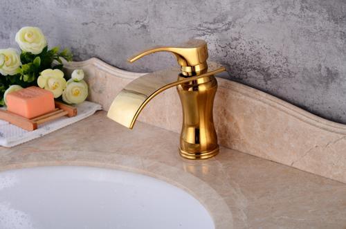 Gold Altın Dore Şelale Modern Tezgah Üstü Banyo Lavabo Bataryası