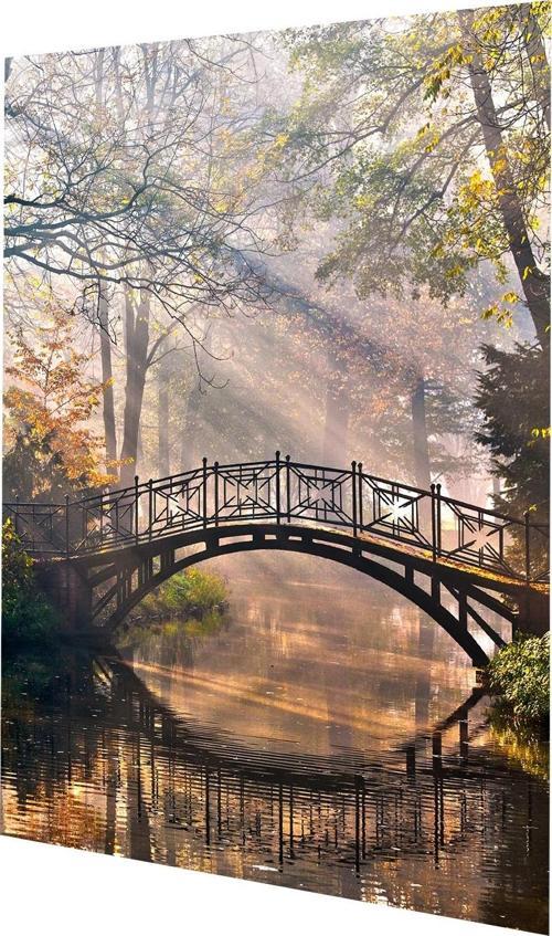 Sonbaharda Parkta Eski Köprü ve Yansıma Cam Tablo