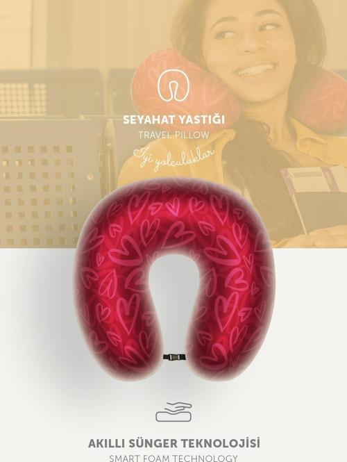 Ortopedik Seyahat Boyun Yastığı Visco Rahat Uyku Yastığı - Kalp Desenli