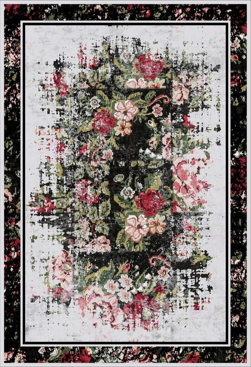 Klasik Siyah Salon&Oturma Odası Yolluk&Yatak Odası Dijital Baskılı Makinede Yıkanabilir Kaymaz Taban Saçaklı Halı HK009