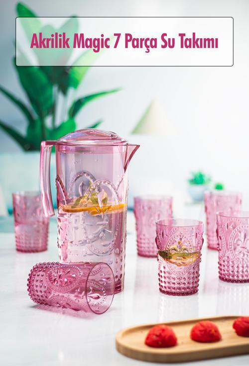 Akrilik Mürdüm Sürahi 2,3 lt Ve 6'lı & Su Meşrubat Kahve Yanı Bardağı 400 ml Seti ( Cam Değildir )