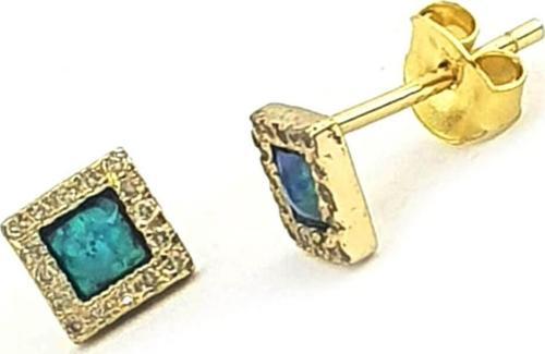Altin Kaplama Minimal Opal Taşlı Gümüş Kare Küpe