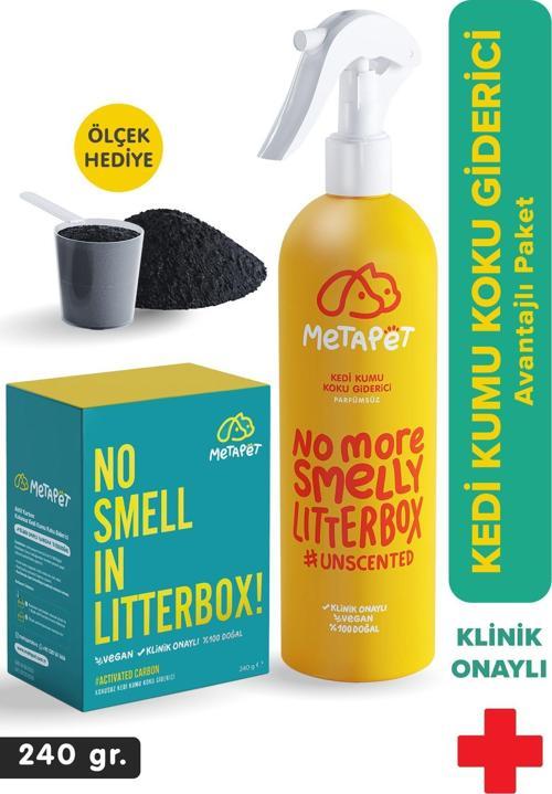 Kedi Kumu Koku Giderici Set, Kokusuz Kedi Kumu için Aktif Karbon (240 gr) ve Parfümsüz Sprey