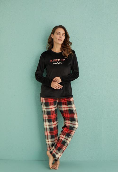 13309-6 Kadın Keep İt Kadife Uzun Kol Pijama Takım