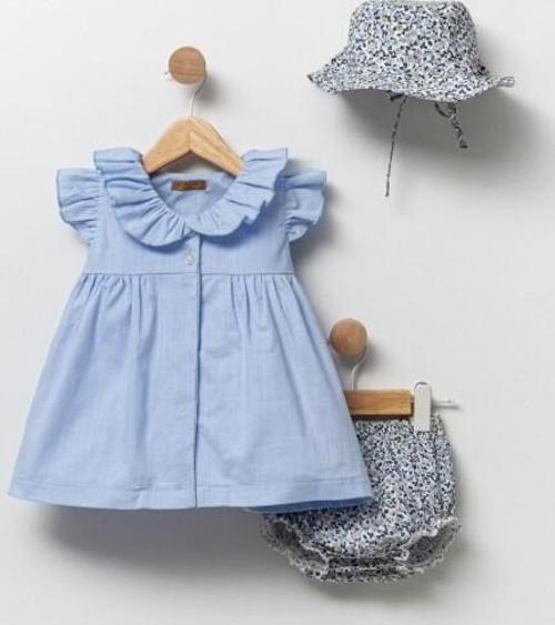 Yazlık Kız Bebek Mavi Elbise ve Şapka Takımı