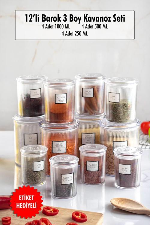 12'li Barok Yuvarlak 3 Boy Kavanoz Seti & Saklama Kabı & Erzak Kabı  (4*1000 ML, 4*500 ML,4*250 ML) 