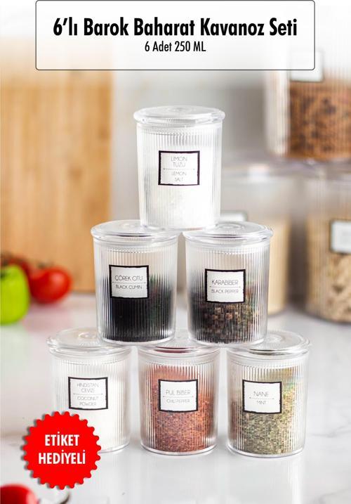 6'lı Barok Yuvarlak Baharat Kavanoz Seti & Saklama Kabı & Erzak Kabı (6*250 ML)