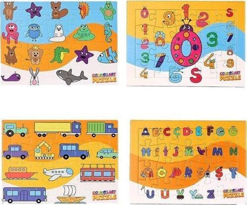 4 lü Smart Puzzle  Harfler - Hayvanlar - Taşıtlar - Sayılar