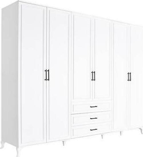 Country 6 Kapaklı 3 Çekmeceli Gardırop-Mat Lake Beyaz 240x224x62 cm (GxYxD)