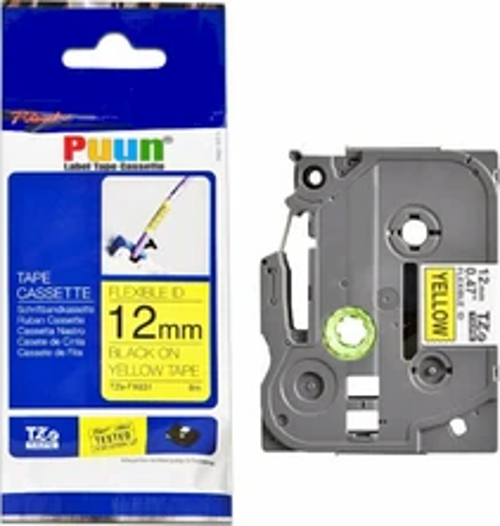 Brother P-Touch TZE-FX631 12MM x 8m Sarı Üzerine Siyah Esnek Muadil Laminasyon Etiket Şeridi