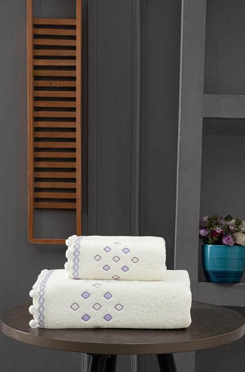 Perla Nakıslı Ponponlu 2Lı Havlu Setı Krem-Lıla 50X80 30X50