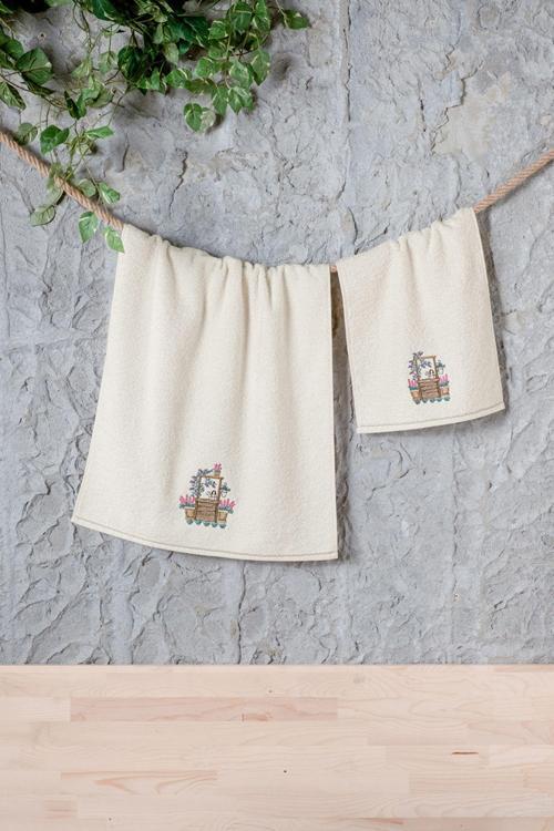Incı Bukle Nakıslı Havlu Set Krem-Yesıl 50X80-30X50