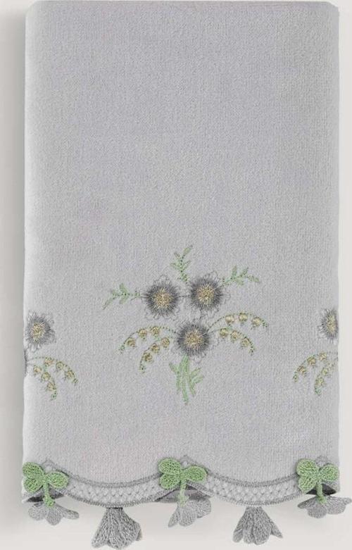 Küpelı Kadıfe Nakıslı Çeyız Havlusu Grı 50X85