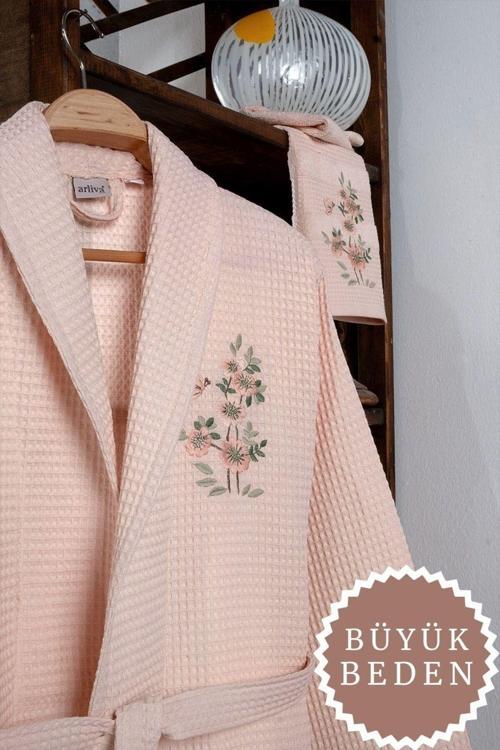 Ruby Büyük Beden Pıke Bornoz Setı Somon 2Xl