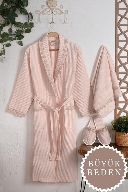 Vıola Büyük Beden Pıke Çeyız Setı Somon 2Xl