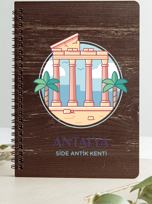 Antalya Side Antik Kenti Şehir Tasarım Ahşap Kapaklı Defter Kraft Kağıt Özel Tasarım Hediye