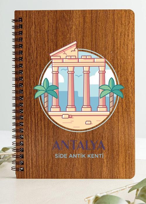 Antalya Side Antik Kenti Şehir Tasarım Ahşap Kapaklı Defter Kraft Kağıt Özel Tasarım Hediye