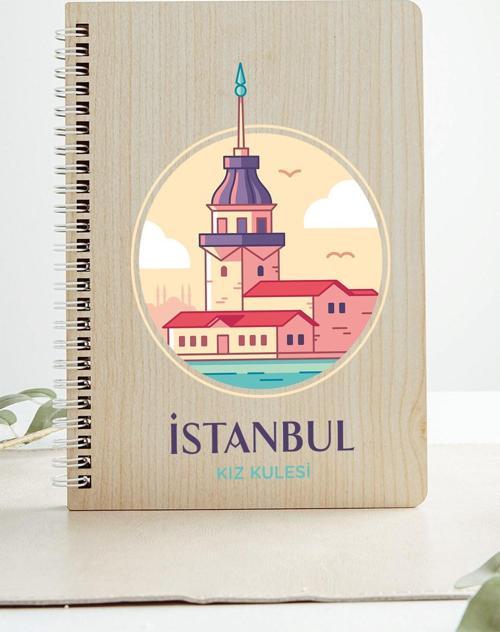 İstanbul Kız Kulesi Şehir Tasarım Ahşap Kapaklı Defter Kraft Kağıt Özel Tasarım Hediye